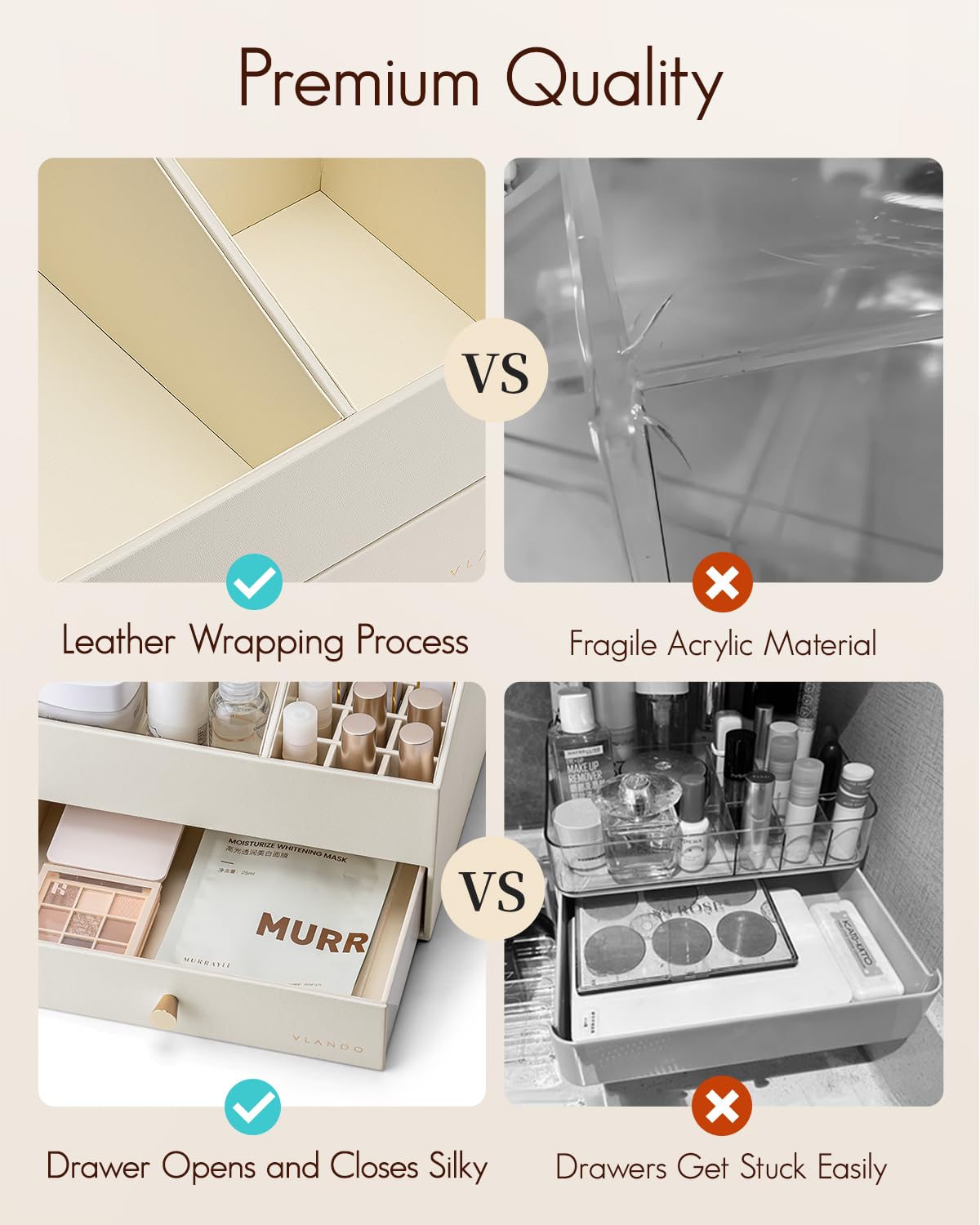 VLANDO Makeup Organzier,Vanity Organizer with Drawers, PU Leather Skincare Organizer Perfume Organizer,Large Cosmetic Display Case for Lipstick,Brushes Gifts for Women-Beige