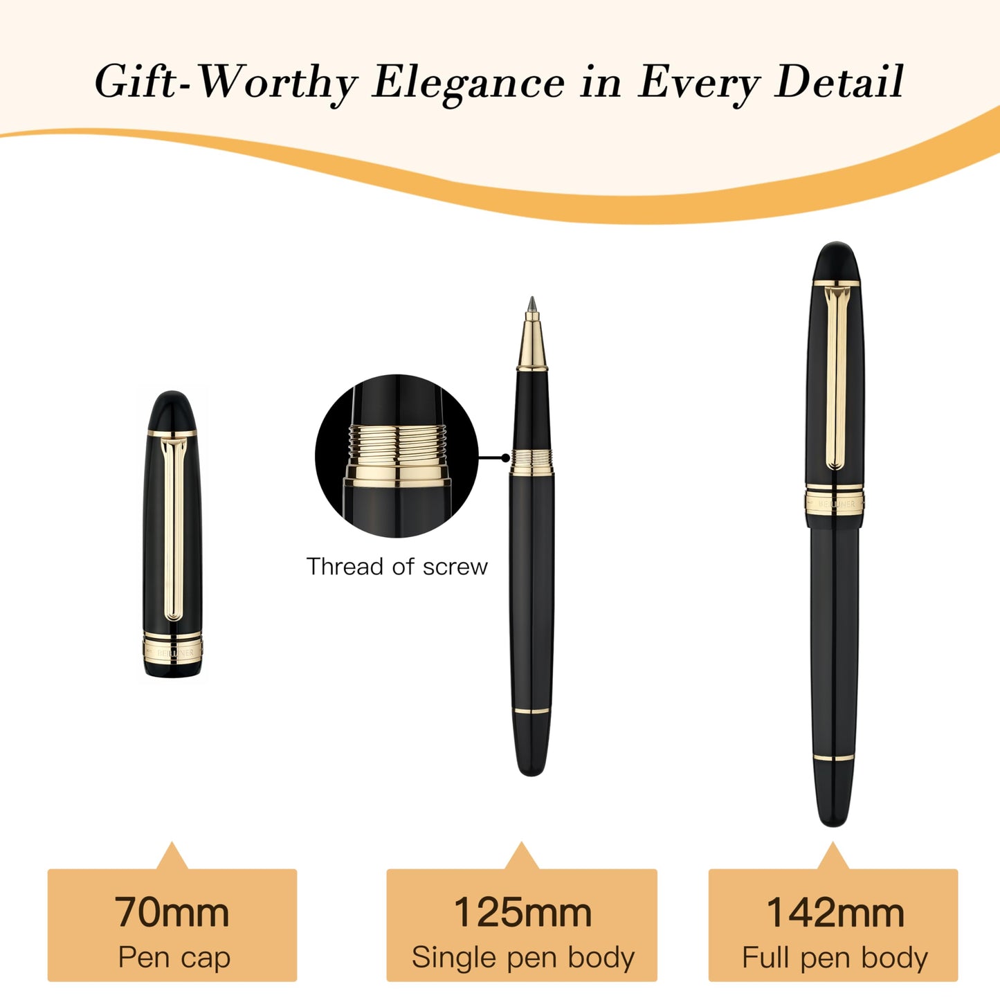 BEILUNER 319 Piano Black Lacquer Rollerball - Stunning Luxury Pen with 24K Gold, Heavy, Schneider Black Ink Refill, Best Gift Set for Men & Women, Professional, Executive Office, Fancy Classic Pens