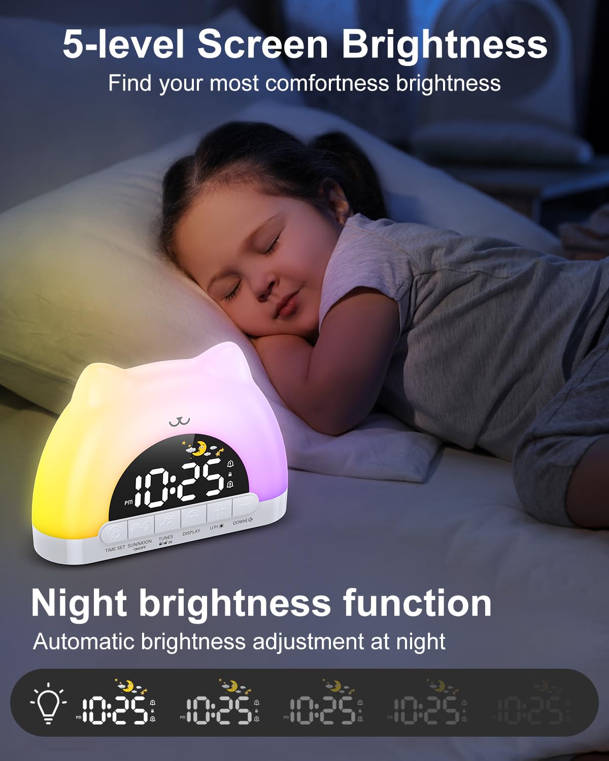 OQIMAX Kids Alarm Clock, Wake Up Clock with 11 Colors Night Light, Toddlers Sleep Training Clocks with 10 Ringtones, Brightness Adjustment, Dual Alarms Plug in OK to Wake Clocks for Girls Boys