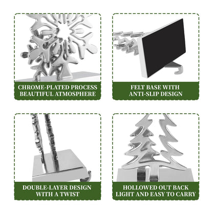 Christmas Stocking Holders for Mantel Set of 4, Stocking Hangers Reindeer Snowman Christmas Tree Snowflake Metal for Fireplace Mantel Holiday Christmas Decorations Stocking Hanger Hook - Silver
