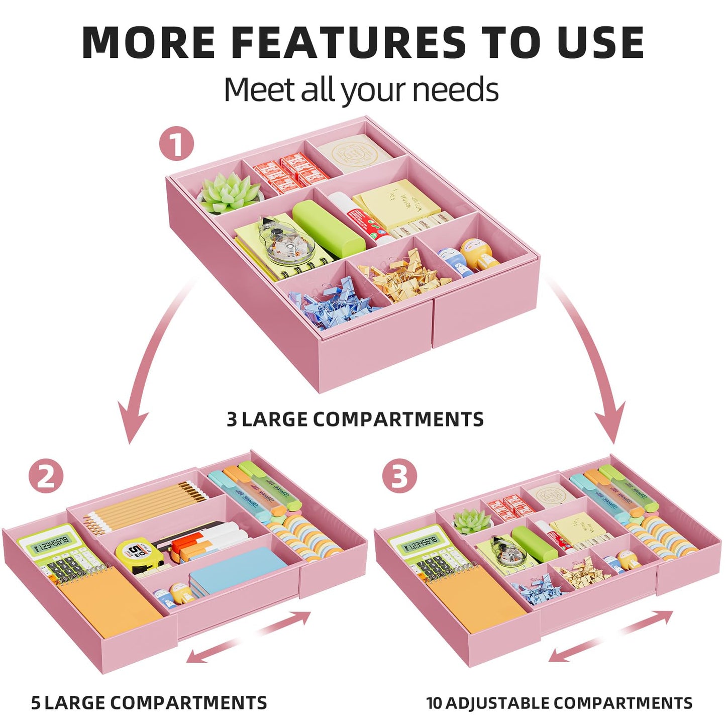 Marbrasse Expandable Desk Drawer Organizer, Clear Plastic Drawer Organizer Tray with 10 Adjustable Compartments, Desk Organizers and Accessories, 5 Drawer Dividers for Office Supplies, Makeup (Pink)