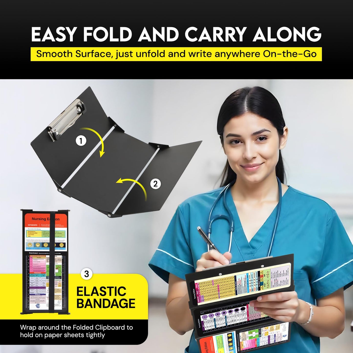 Nursing Clipboard Foldable with Medical Edition Cheat Sheets, 3 Layers Aluminum Foldable Clipboard for Nursing, Notepad for Students, Nursing School Essentials (Black)