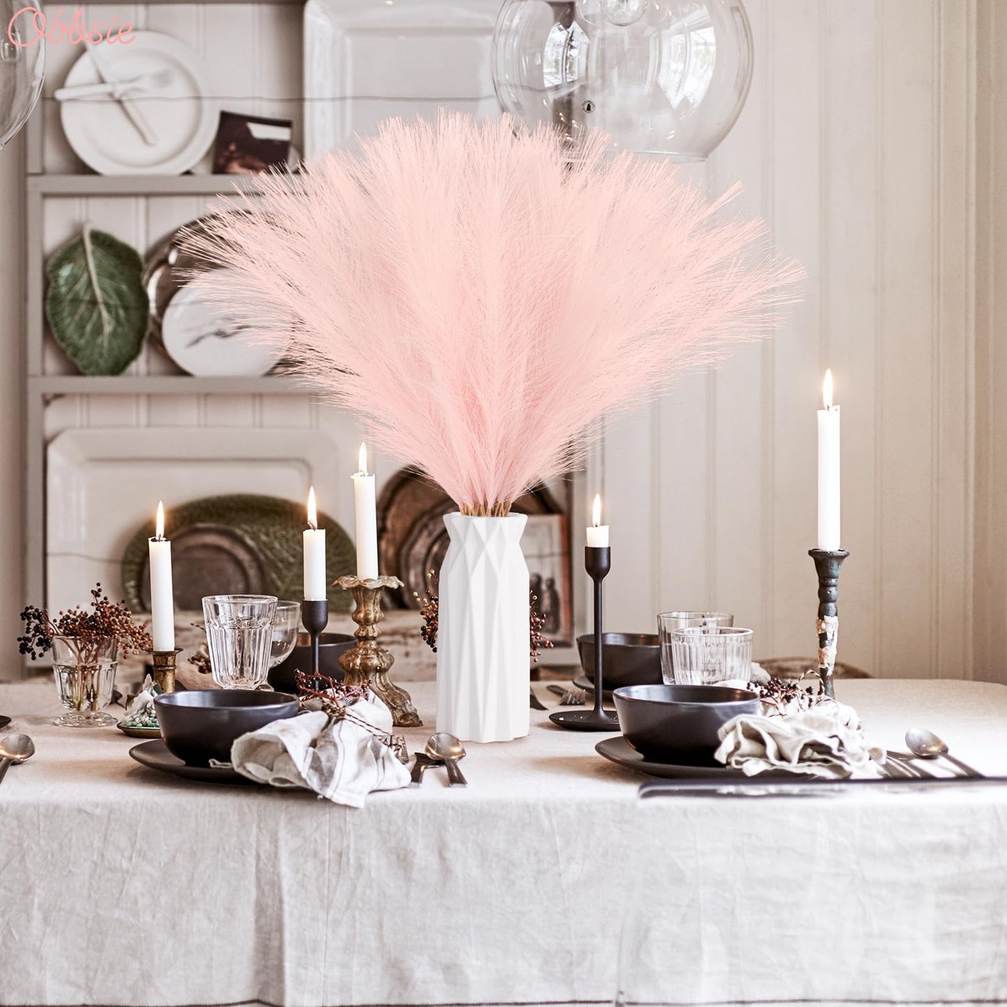 obbsie 50pcs Pink Faux Pampas Grass Decor, 21.6" Short Artificial Floral Branches Vase Filler Flower Arrangement for Home Wedding Boho Outdoor Decor