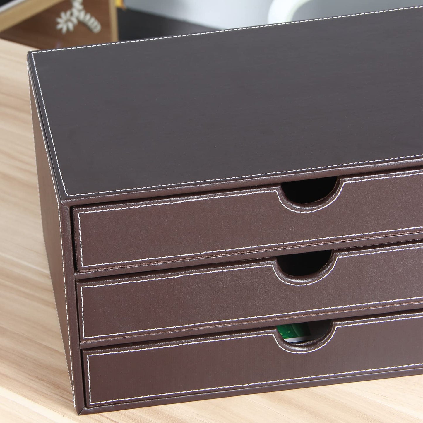 RHCSZ Stackable 3-Drawer Desk Organizer, Executive Office Supplies Desktop Filing A4 File Cabinet/Holder, Leather Storage Box for Document/Paper/Home Decor Accessories (brown)…