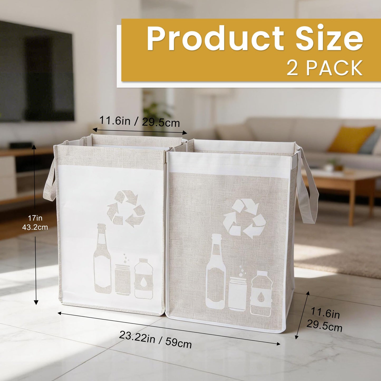 REFARICO Recycle Waste Bag for Kitchen Home- Indoor Recycling Bins Trash Sorting Organizer, Reusable and Waterproof, Yellow, 2 Pack