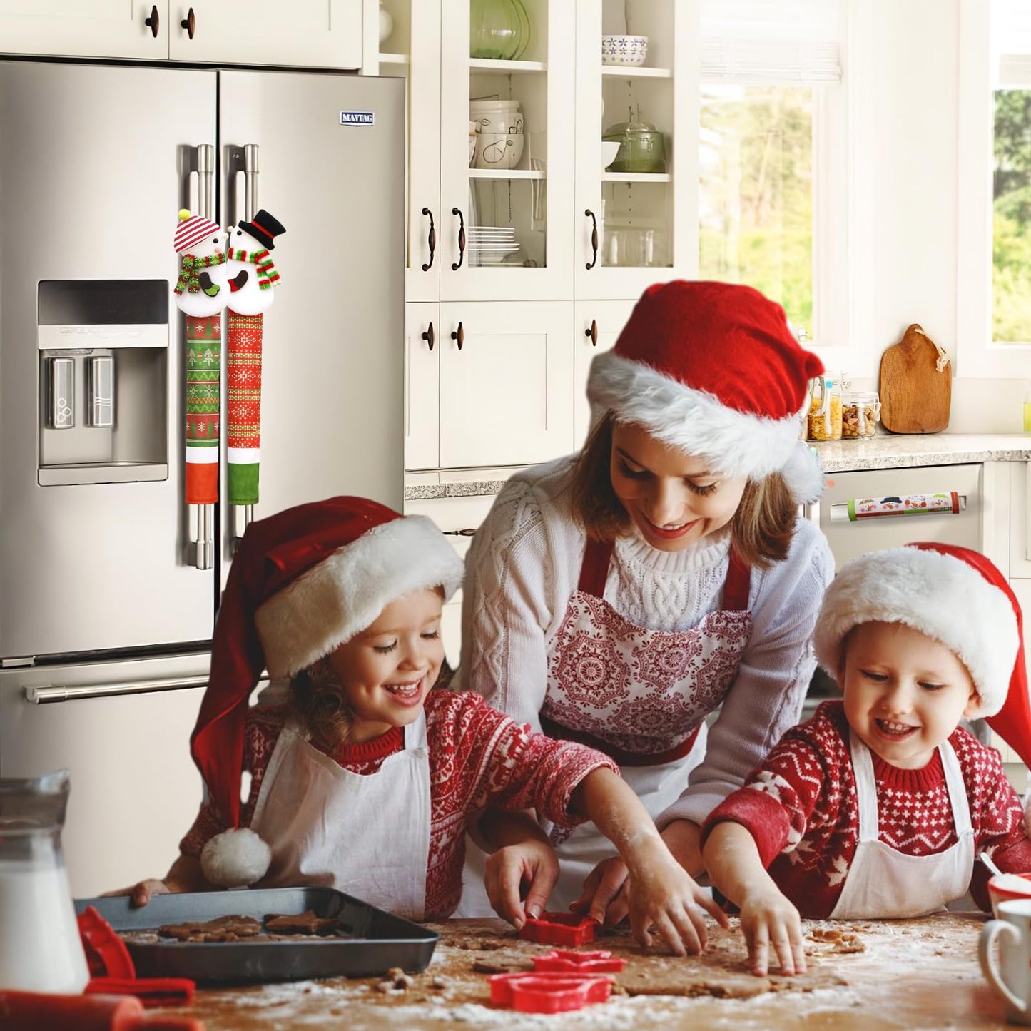 OurWarm Christmas Refrigerator Handle Covers Set of 4, Christmas Kitchen Decor 3D Snowman Couple Fridge Door Handle Cover Washable, Appliance Handle Covers for Christmas Decorations