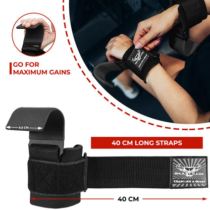 BEAST RAGE Workout Hooks for Men, Durable Coated Grip Gym Straps for Weightlifting Wrist Wraps Training Weight Lifting Strength Fitness Bodybuilding Anti Slip Women Hook Exercise (Black)