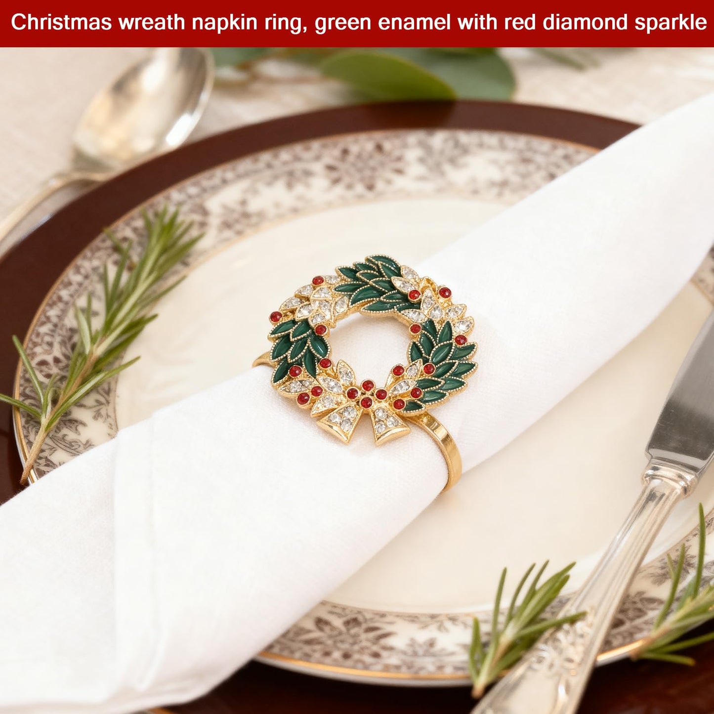 Christmas Wreath Napkin Rings Set of 8, Enamel Berry Gold Alloy Napkin Holders, Holiday Table Decor for Christmas Dinner Place Settings