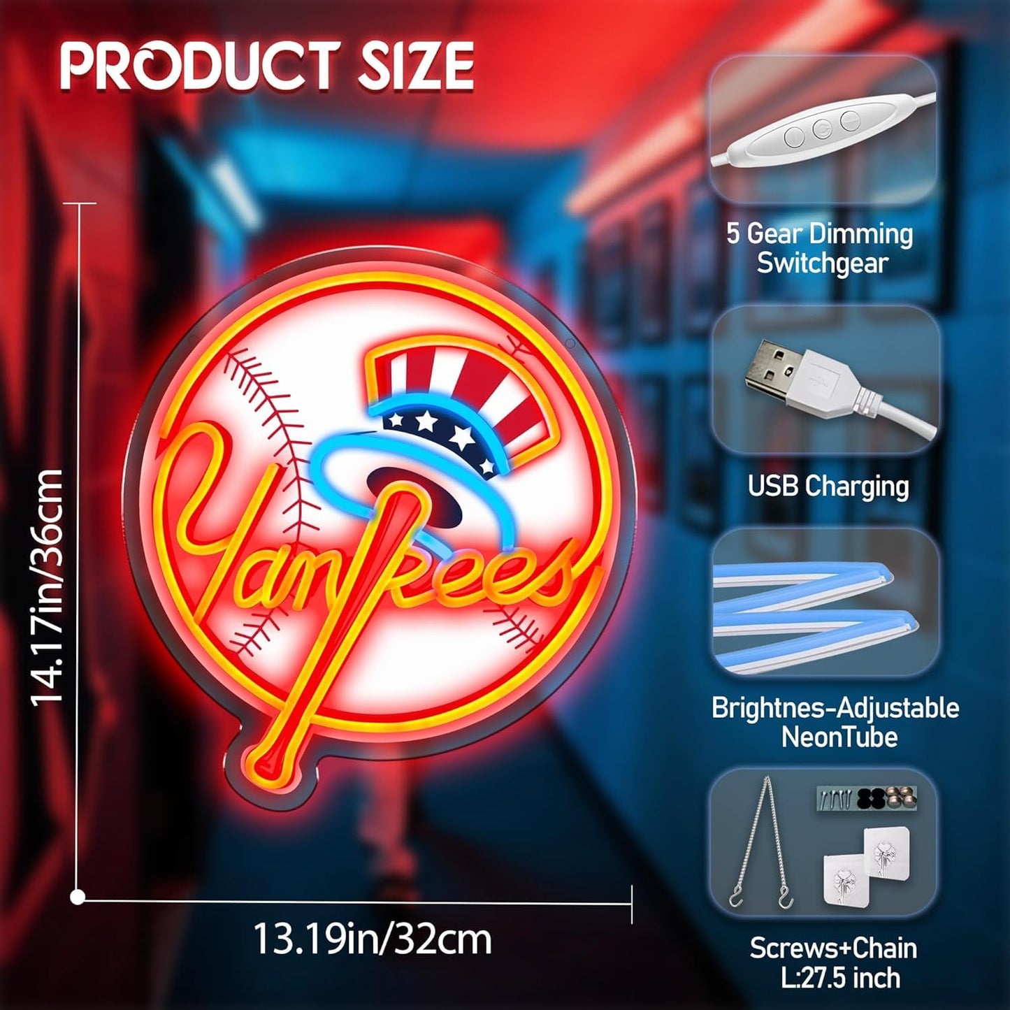 NY Baseball Neon Sign, New York Cool Light Up Dimmable NY Team Logo Hanging Led Neon Sign for Wall Decor, Bedroom, Party, Man Cave, Bedroom, Game Room Deco, Birthday Christmas Gift for Boys Fans (Red)