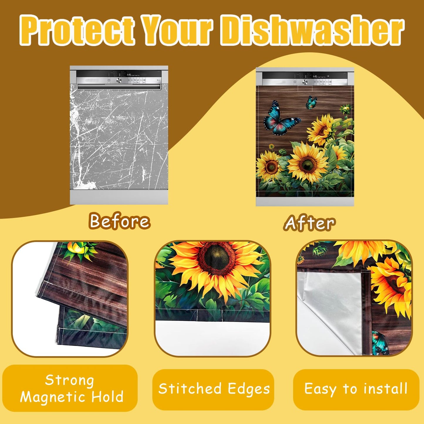 Sunflower Dishwasher Magnet Cover 23x26in Blue Butterfly Dishwasher Cover for Washers Fridge Panel, Floral Magnetic Covers for Kitchen, Machine Door Covers Decor, Spring Summer Kitchen Decor