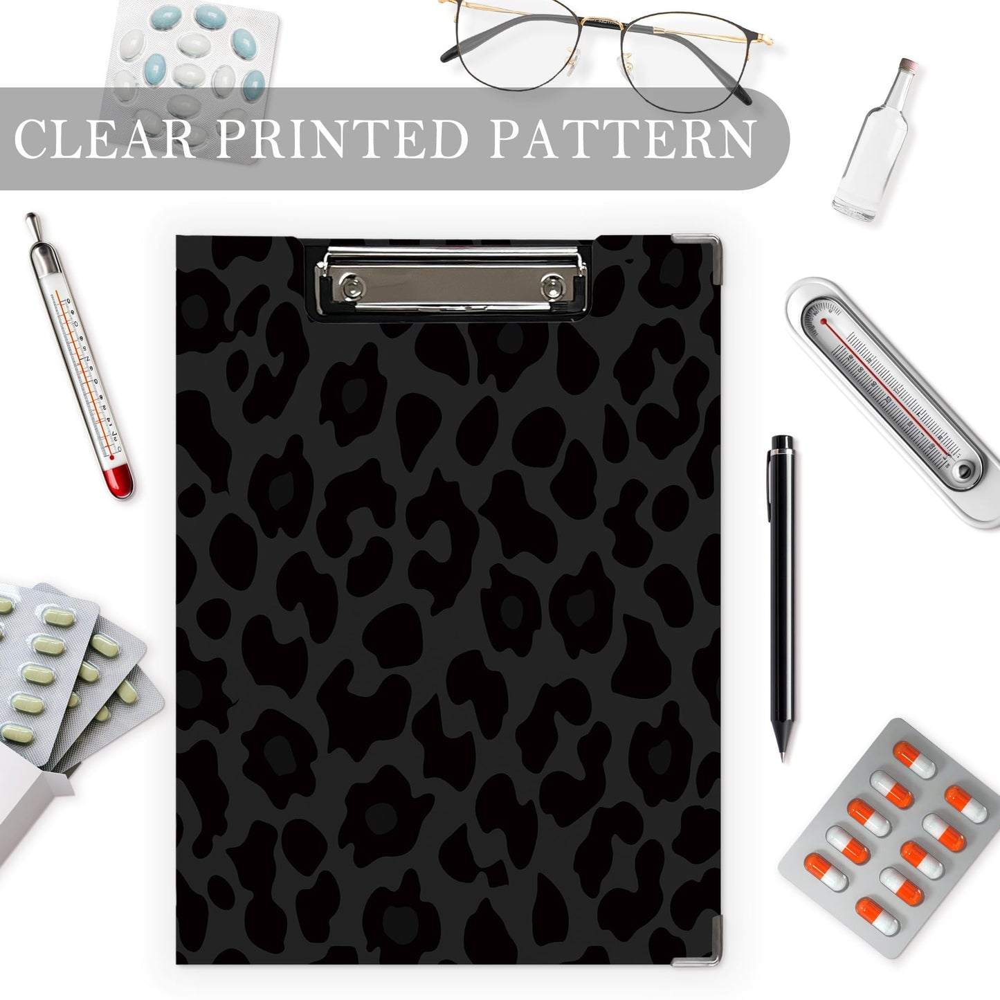 Poecinvi Trendy Black Leopard Print Clipboard Folio with Storage for Office Classroom, Preppy Dark Cheetah Print Padfolio with Metal Clip for Nurses Teachers Students Women Men, 12.4x9.25 in