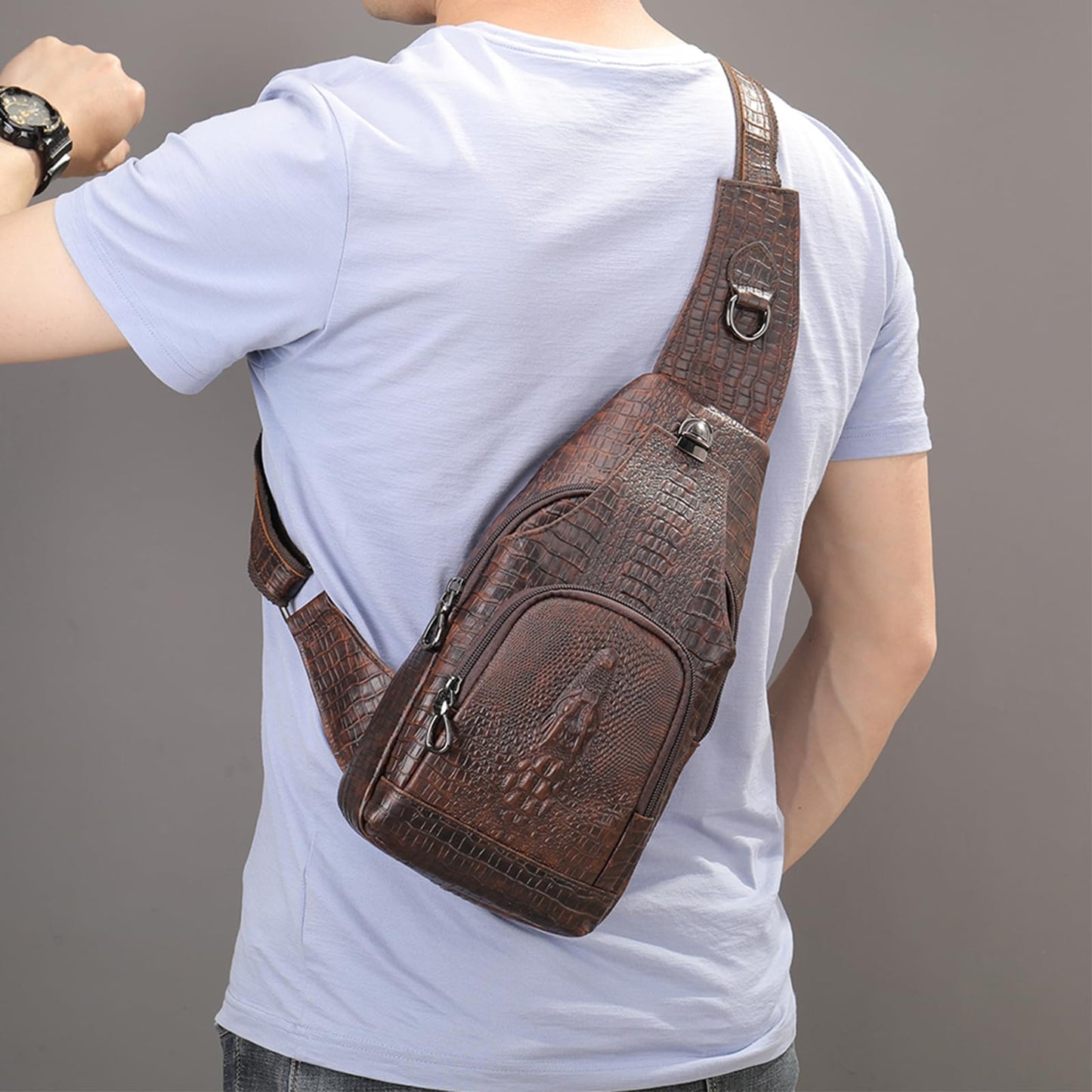 NIUCUNZH Crocodile Pattern Leather Sling Bag with Leather Strap, Zipper Crossbody Shoulder Bags Purse for Travel Hiking Brown