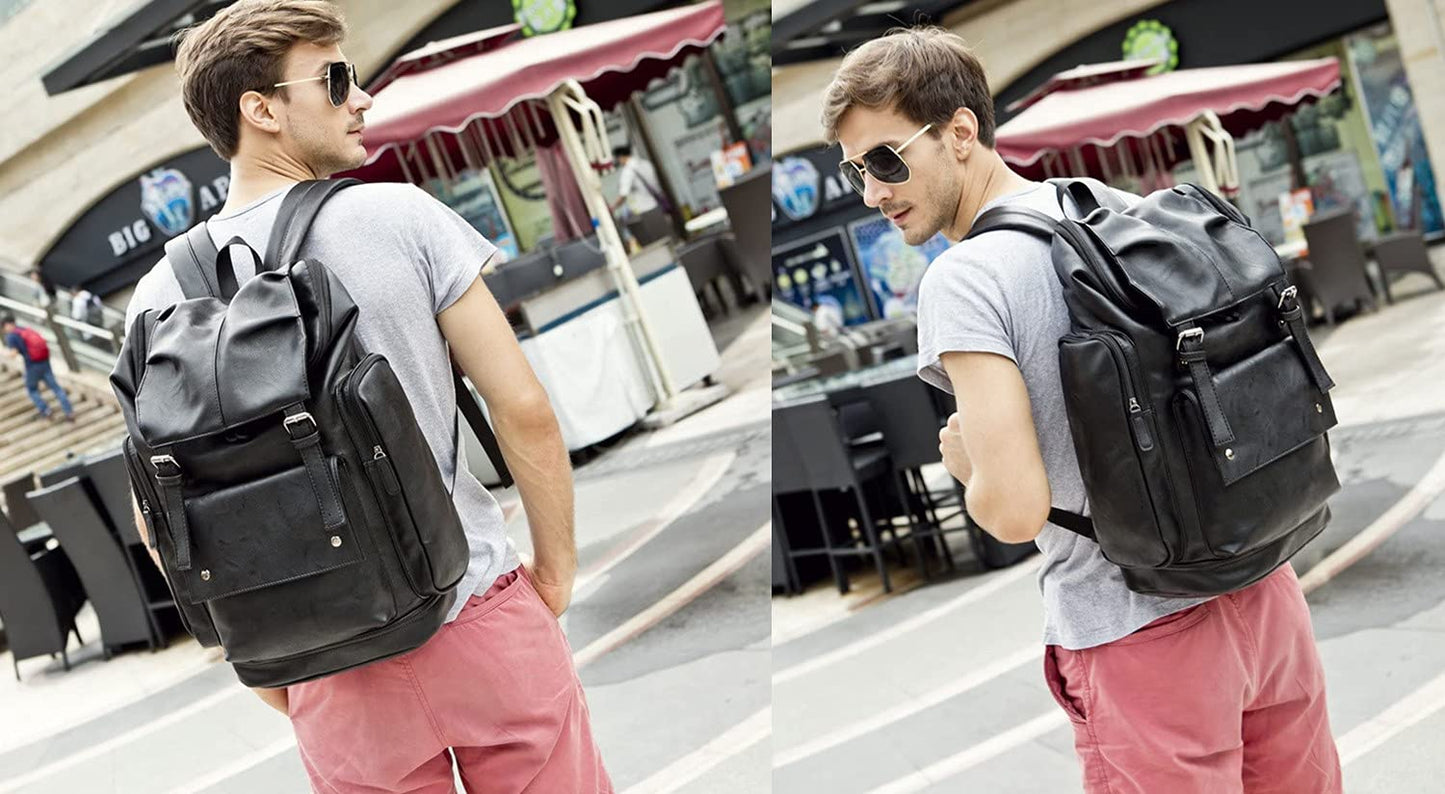 Baosha BP-16 PU Leather Casual Backpack 15.6inch Laptop Backpack Travel Backpack Hiking Comping Backpack Daypack Black