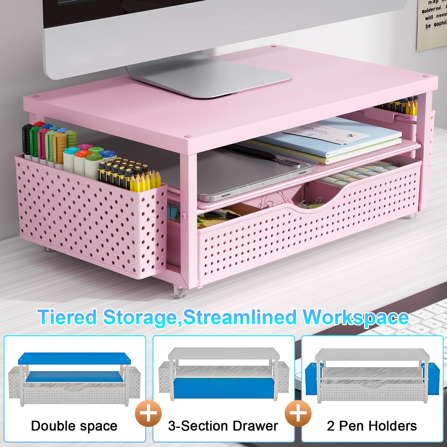 gianotter Wood Monitor Stand Riser, Desk Organizer with Drawer and 2 Pen Holders, 2-Tier Workspace Organizer for Office Supplies(Pink Wood)