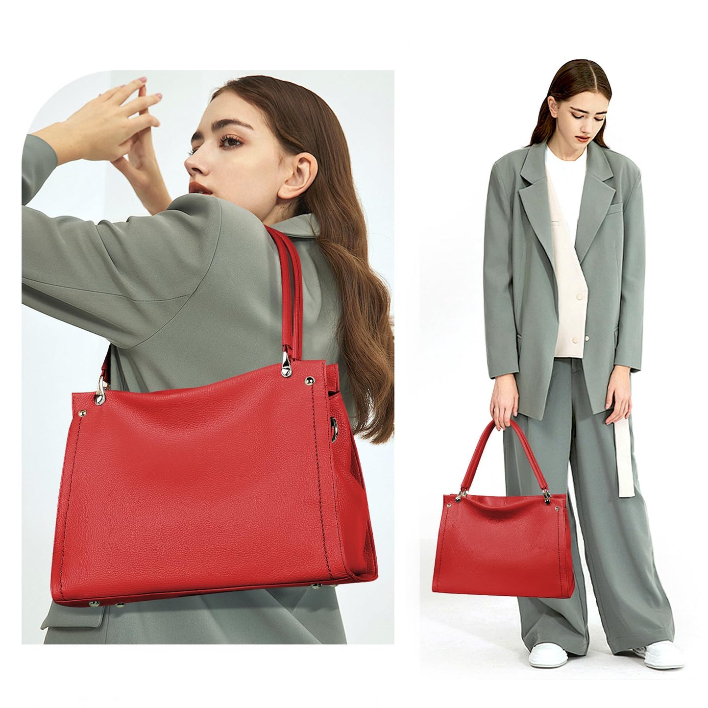 KOGTLA Medium Genuine Leather Tote Handbags for Women, Ladies Soft Satchel Shoulder Purses, Two-Handle Hobo Bags
