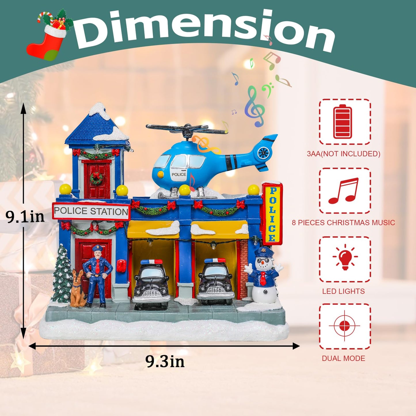 Vipush Christmas Village House Decorations Resin Police Station Home Decor Indoor Building Figurines Revolving Train with LED Light and 8 Christmas Music for Kids