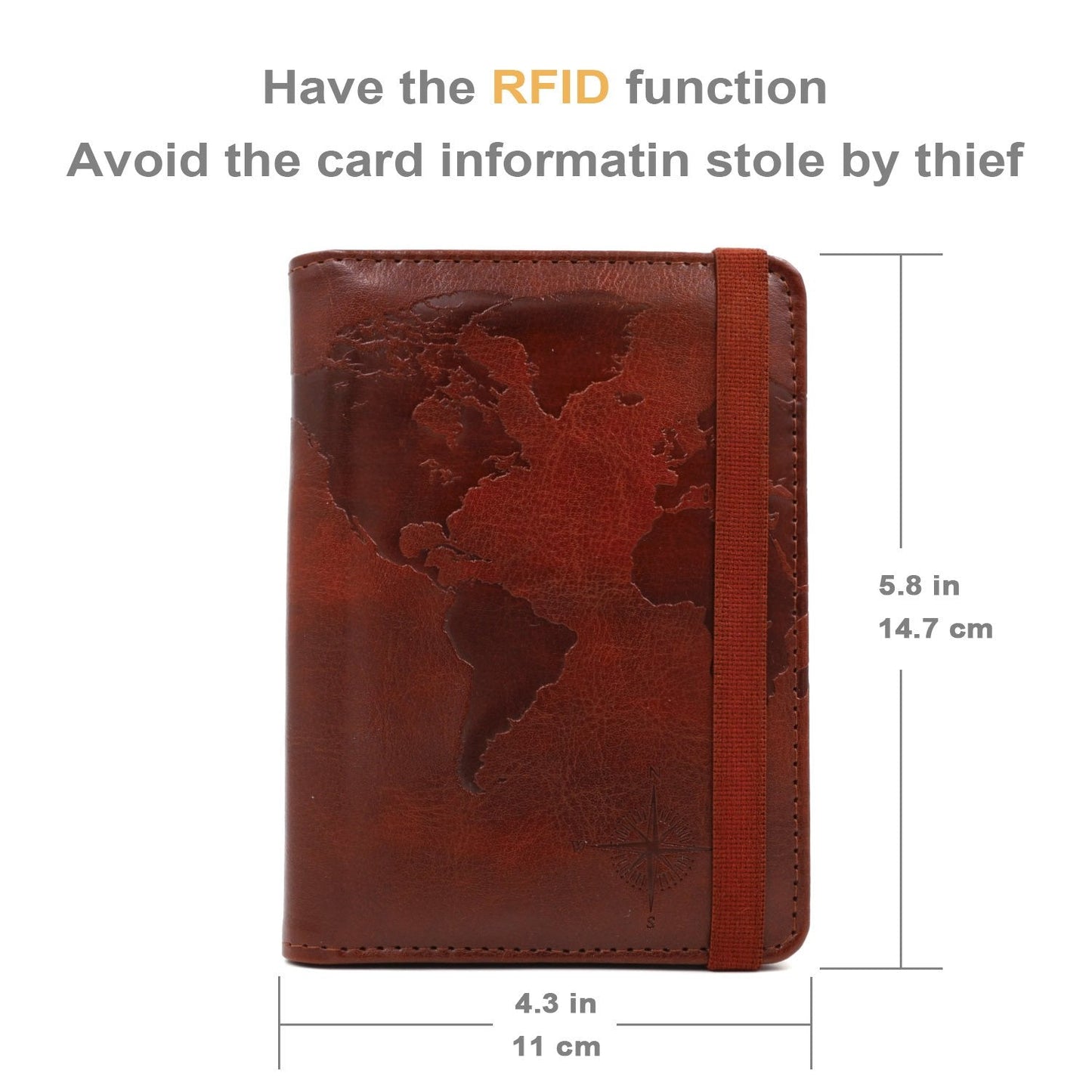 kandouren RFID Blocking Passport Holder Cover Case,Travel Luggage Passport Wallet Made with Brown Map Crazy Horse PU Leather for Men & Women
