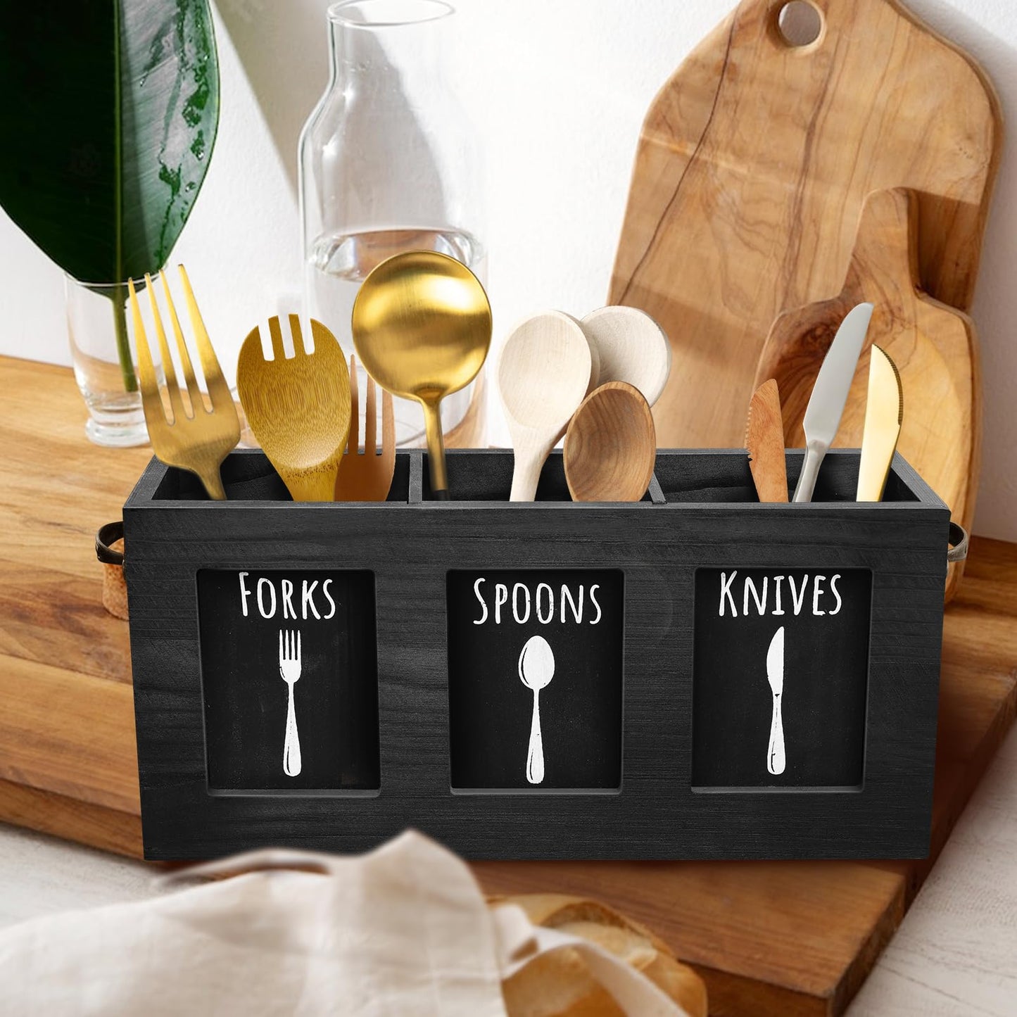 MINCORD Wood Flatware Organizer, Rustic Utensil & Silverware Holder for Forks, Spoons, Knives, Farmhouse Kitchen Cutlery Caddy Bin Countertop - Black