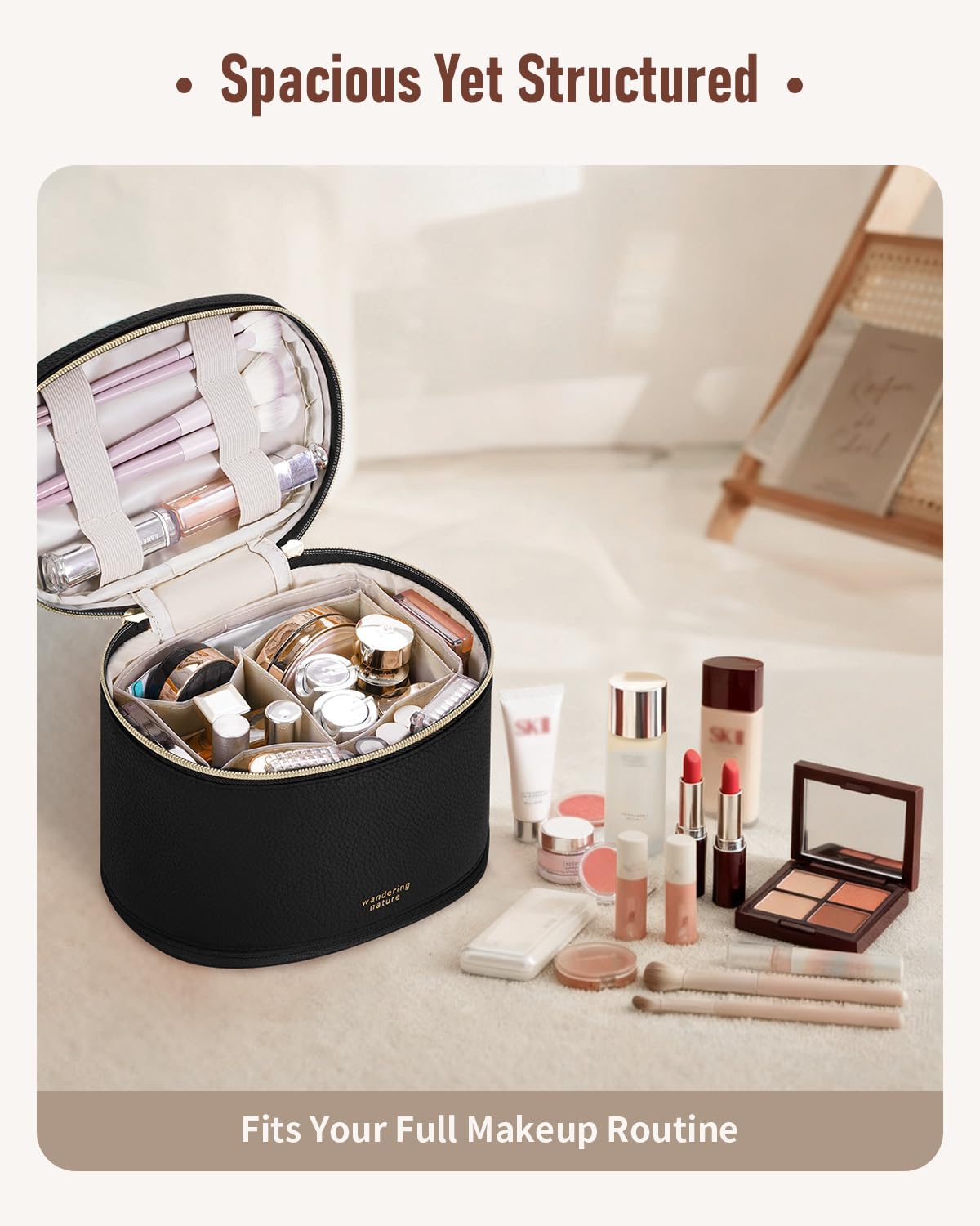 Wandering Nature Travel Makeup Bag for Women, Structured Vanity Case with Wipe-Clean EVA Interior & Removable Divider, Brush Loops, Fold-Flat PU Leather Makeup Case with Handle