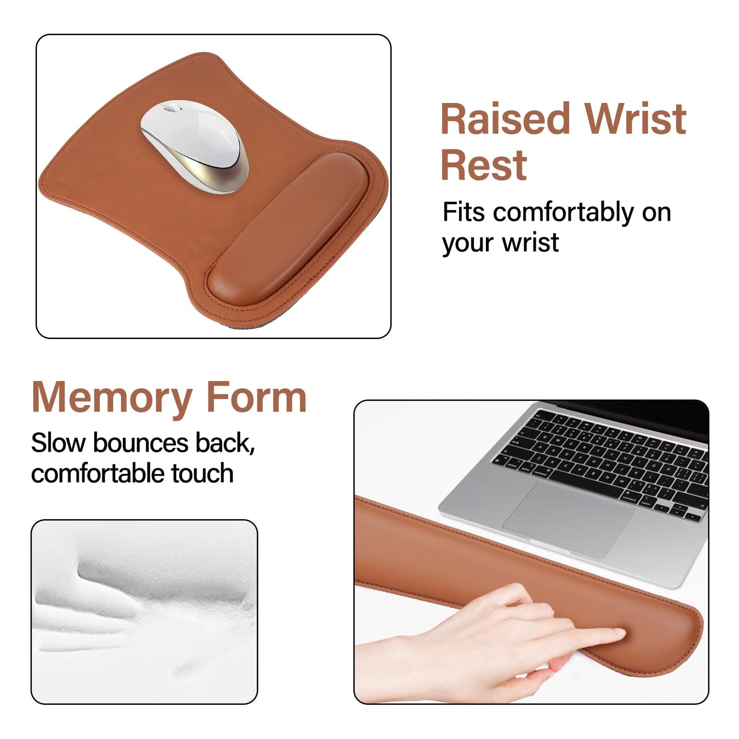 MOSISO Keyboard Mouse Pad Set, PU Leather Large Gaming Mousepad&Keyboard Wrist Rest&Mouse Wrist Rest&Coaster, Ergonomic Non-Slip Mousepad&Easy Typing Cushion with Memory Foam for Home Office, Brown