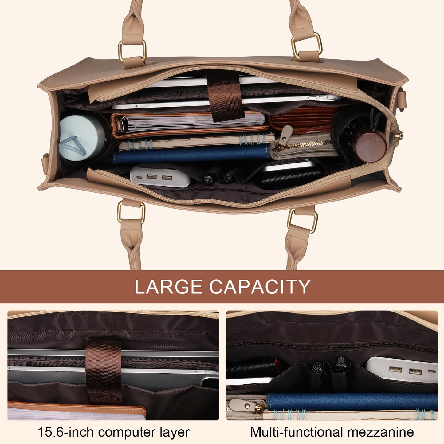 MOSISO Laptop Tote Bag with Large Capacity, 15.6 inch PU Leather Leopard Grain Laptop Bag for Women & Clutch Purse, Waterproof Computer Bags Work Briefcase for Business Teacher Office College, Apricot