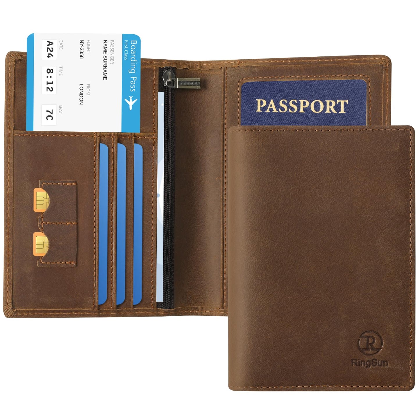 Ringsun Leather Passport Cover for Men Women, RFID Passport Wallet Case Travel Passport Holder for Family