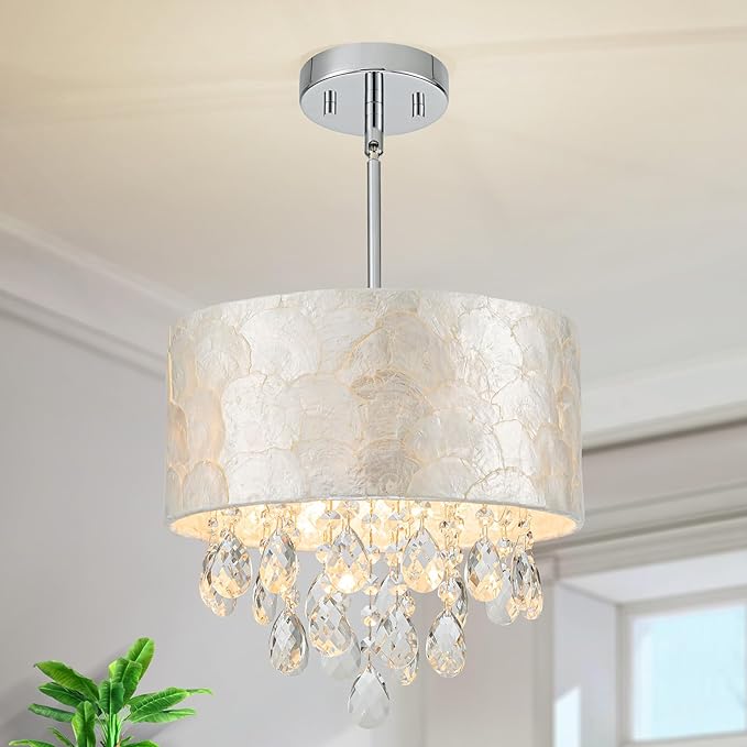 3-Lights Drum Capiz Shell Crystal Chandeliers, Coastal Style Pendant Light Fixture for Dining Room, Living Room, D12 x H19~49"(Adjustable), Shell Lampshade & Chrome Finish