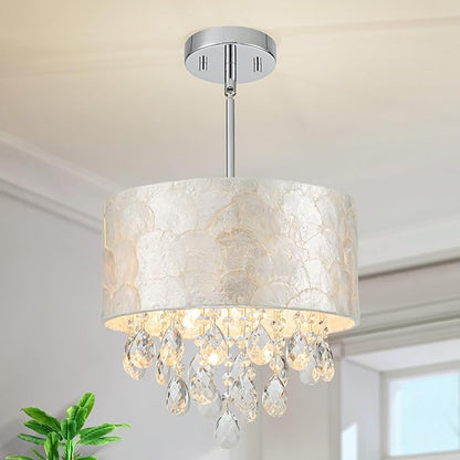 3-Lights Drum Capiz Shell Crystal Chandeliers, Coastal Style Pendant Light Fixture for Dining Room, Living Room, D12 x H19~49"(Adjustable), Shell Lampshade & Chrome Finish