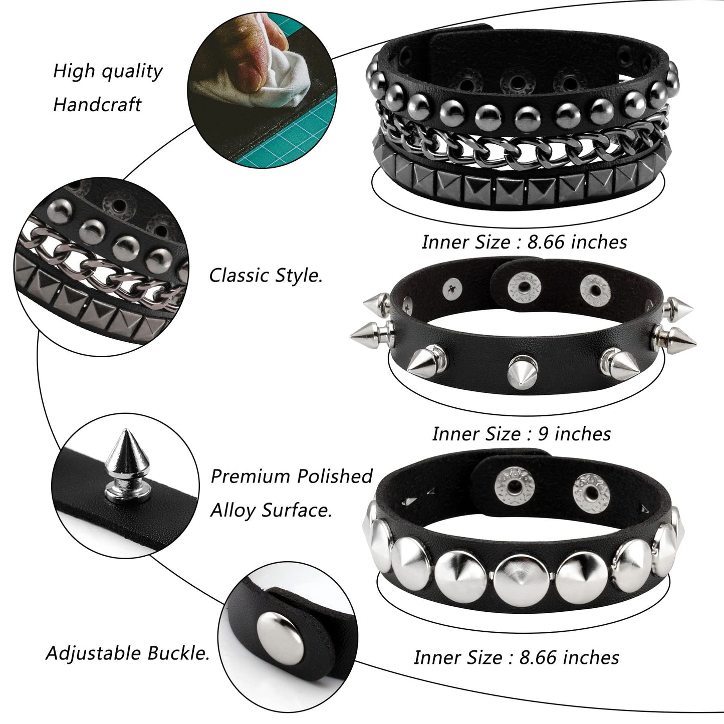 Eigso 3 Pcs Leather Punk Bracelets for Men Women of Rock Rivet Wrap Retro Spike Bracelet Adjustable