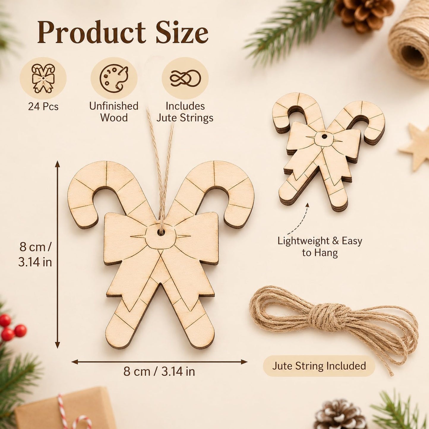 LOGOFUN 20PCS Wooden Candy Cane Cutouts Christmas DIY Ornaments Blanks