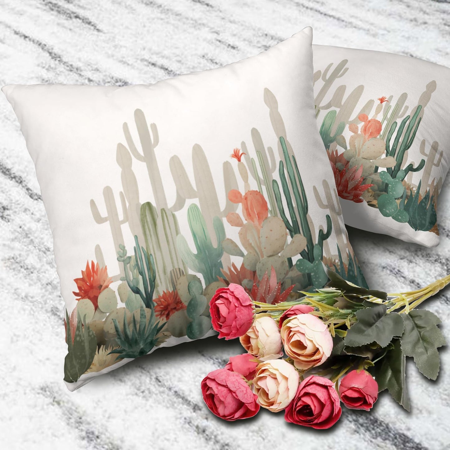 Wnoesat Cactus 16x16 Pillow Covers Set of 2 Tropical Plants Desert Green Succulent Cactus Red Flowers Pillow Case Farmhouse Spring Summer Outdoor Pillowcase for Bed Couch Sofa Living Room Decor