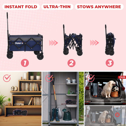 DUHKOI Collapsible Wagon Cart with Wheels Foldable,11 Lbs Lightweight Portable Folding Utility Wagon,90 L Heavy Duty Grocery Shopping Carts,Versatile for Garden Sports Camping Outdoor Use (Navy Gray)
