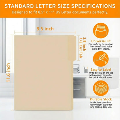 100 Packs Manila File Folder,Manilla Folder 8.5x11,1/3 Cut Tabs Folder for Office,School and Home,Organizer File Folder Letter Size
