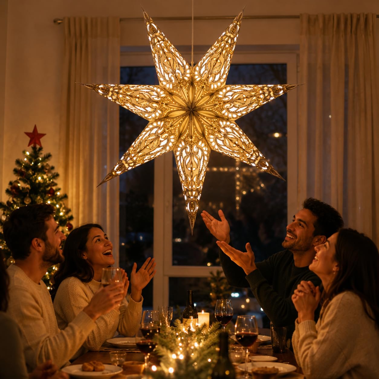 YEPSIO Lantern Lampshade Paper Star Light Shades Large 60cm Hanging Decorations for Christmas Wedding Home Decoration Birthday Party Foldable 7 Pointed Star (Glitter White Golden)