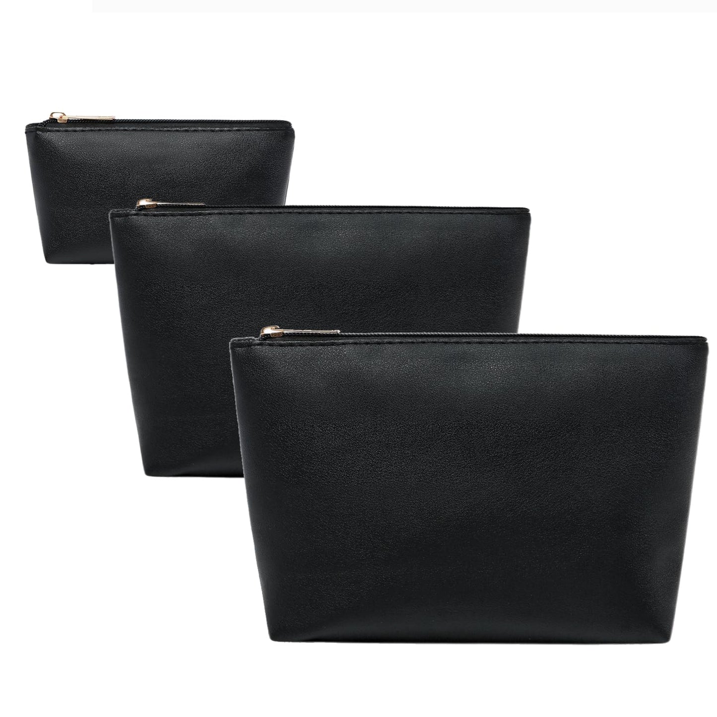 lllyan 3 Pcs Makeup Bag Set for Women Black Soft Leather Travel Cosmetic Bag Make Up Pouch Small Travel Zipper Pouch,Water-resistant Makeup Organizer Bag for Women（Flat black）
