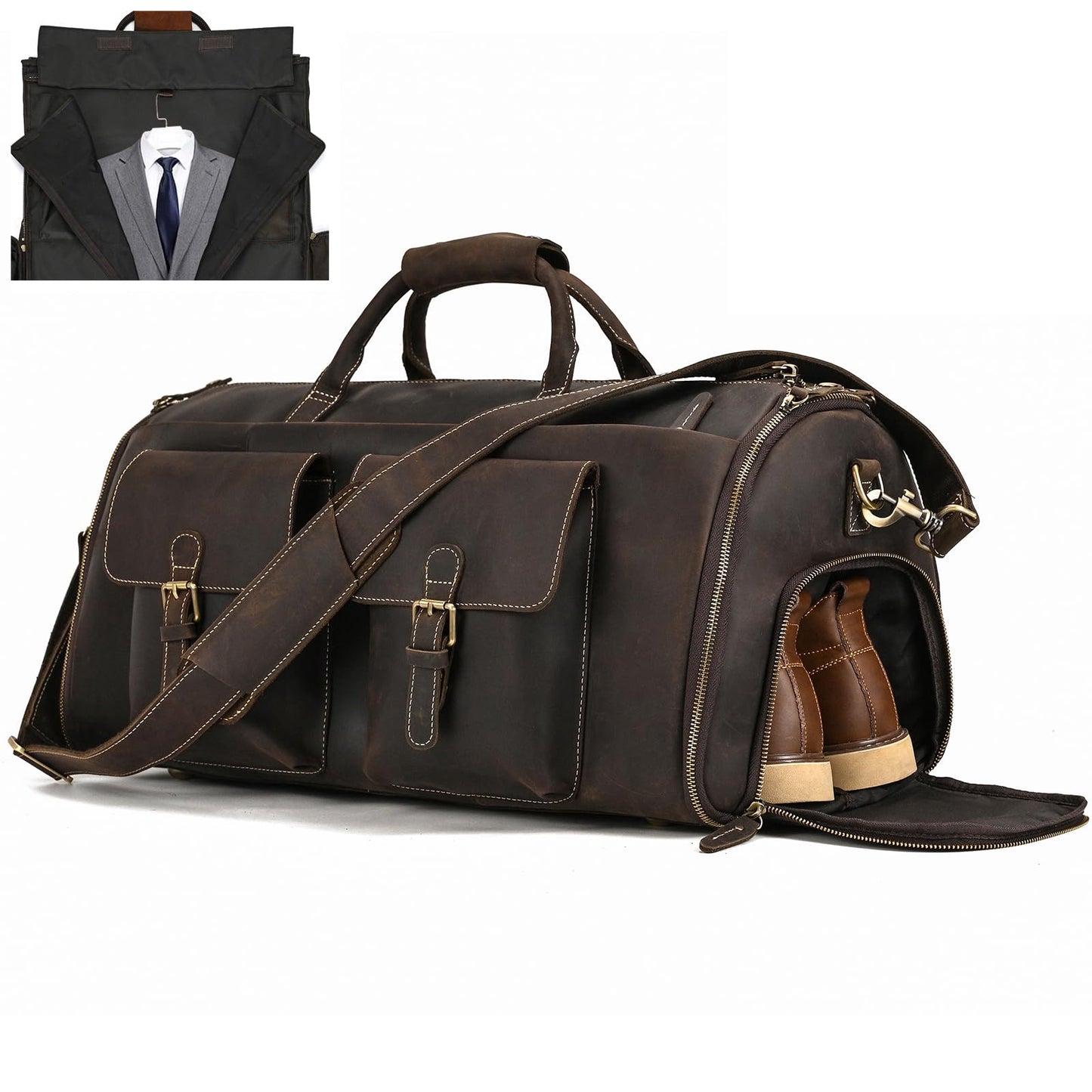 Leather Garment Bag for Men, Convertible Carry on Garment Duffel Bag for Travel Weekender Bag 2 in 1 Hanging Suitcase Suit Bag