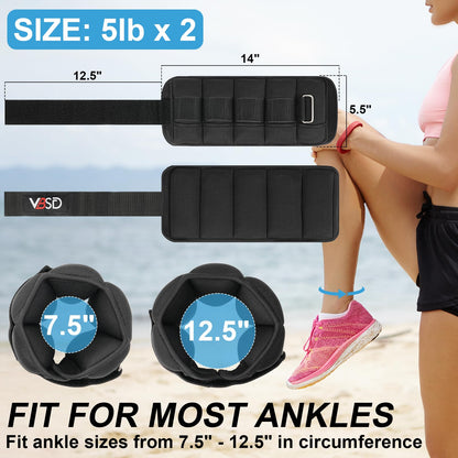 VBSD Adjustable Ankle Weights for Men Women, 10lb 1 Pair Leg Weight Straps, Weighted Ankle Weights Set for Gym, Yoga, Jogging, Walking, Aerobics, 1-5 lbs Each Ankle, 1 Pair 2-10 lbs