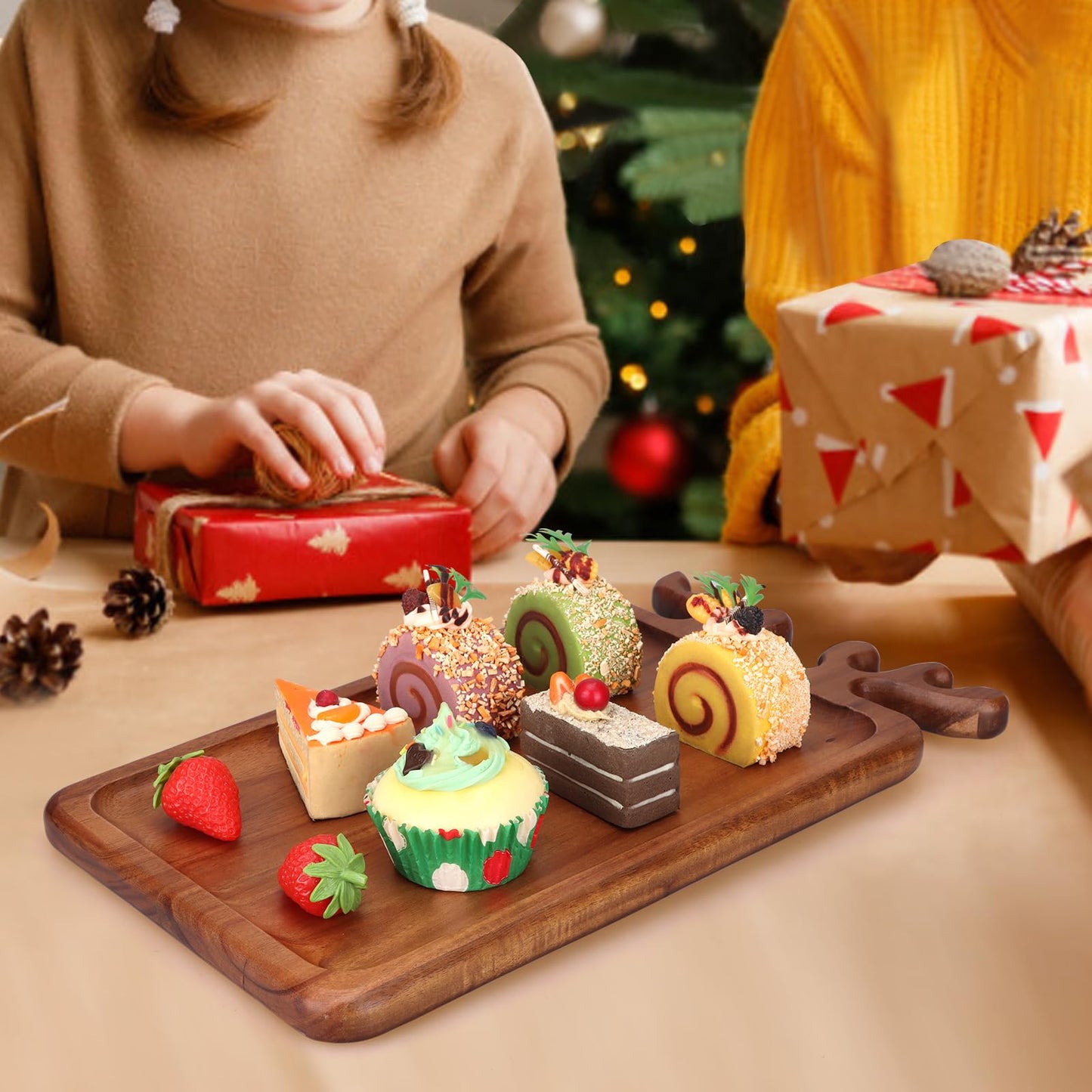 Renawe Decor Christmas Appetizer Platter for Xmas Charcuterie Board Wood Tray Kitchen Xmas Decoration Wooden Cheese Board Serving Dish Dessert Plate Reindeer Cookie Platters Gift