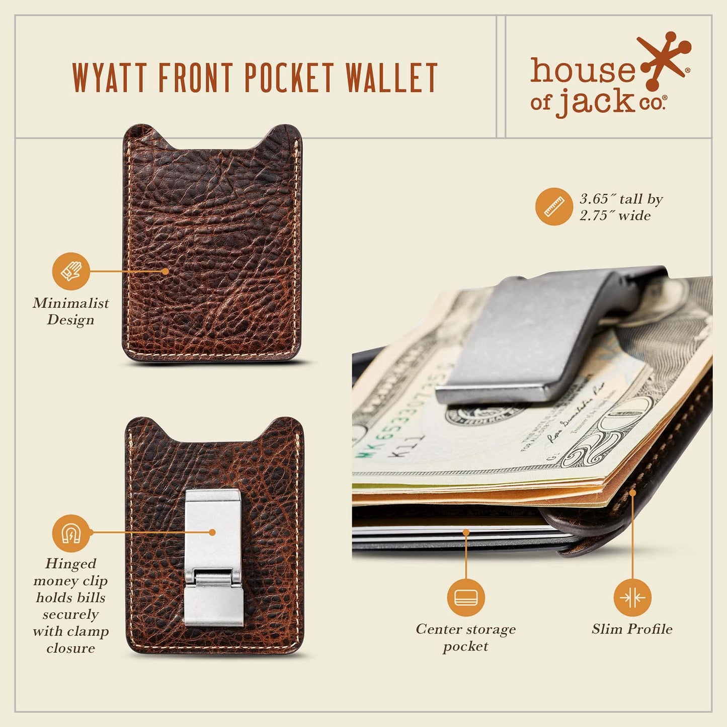 House of Jack Co. Wyatt Money Clip Wallet for Men, Slim Front Pocket Leather Card Holder, Ideal Gift For Men, Minimalist Full Grain Cowhide Wallet, Brown