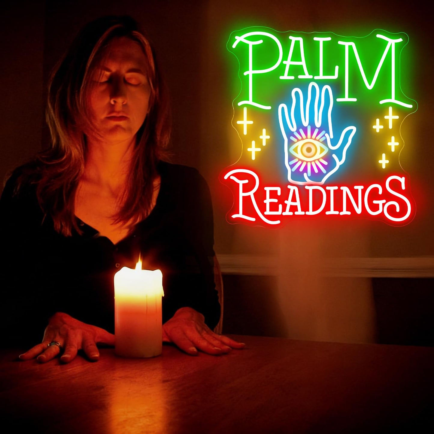 Palm Readings Neon Sign, Fortune Teller LED Neon Sign Wall Decor, Psychic Tarot Reading Neon Signs for Wall Decor, Mystical Neon Sign for Bedroom Studio Lounge 18.9”×18.5”