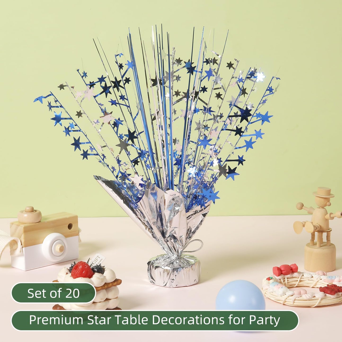 Ohiyoo 20 Pack Blue Silver Foil Spray Centerpiece Star Table Decoration Metallic Burst Table Centerpieces for Birthday Graduation New Year Wedding Anniversary Party Supply (Blue Silver)