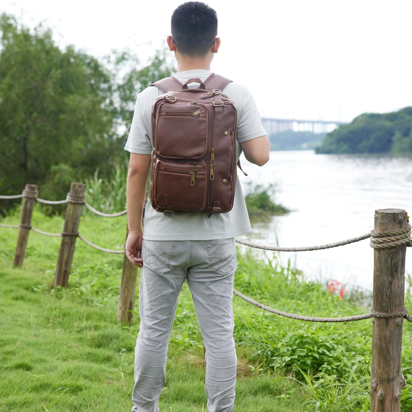 Baosha Leather Laptop Briefcase Backpack Hybrid Large 17 inch Laptop bag Travel Carry on Backpack Vintage for Men HB-22 (Brown)