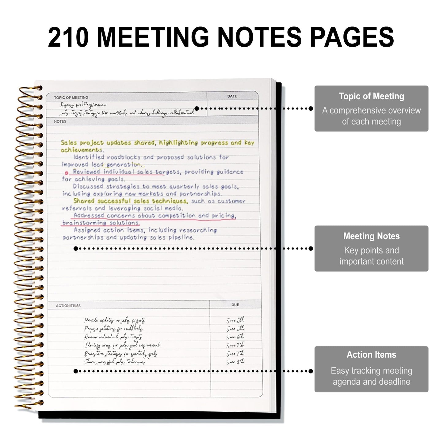 FLYING EGALE Meeting Notebook,8.5"x11" Professional Notebooks for Work - 240 Pages, A4 Size Project Planner, Spiral Meeting Agenda Organizer for Women Men, Large journal for Note Taking, Black