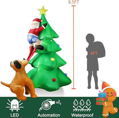 Dearsun 6.5FT H Christmas Inflatable Tree with Build-in LED Lights, Funny Inflatable Dog Chasing Santa Claus,Blow Up Christmas Outdoor Decor Giant Yard Party Decoration (Santa Claus Chased by Dog)