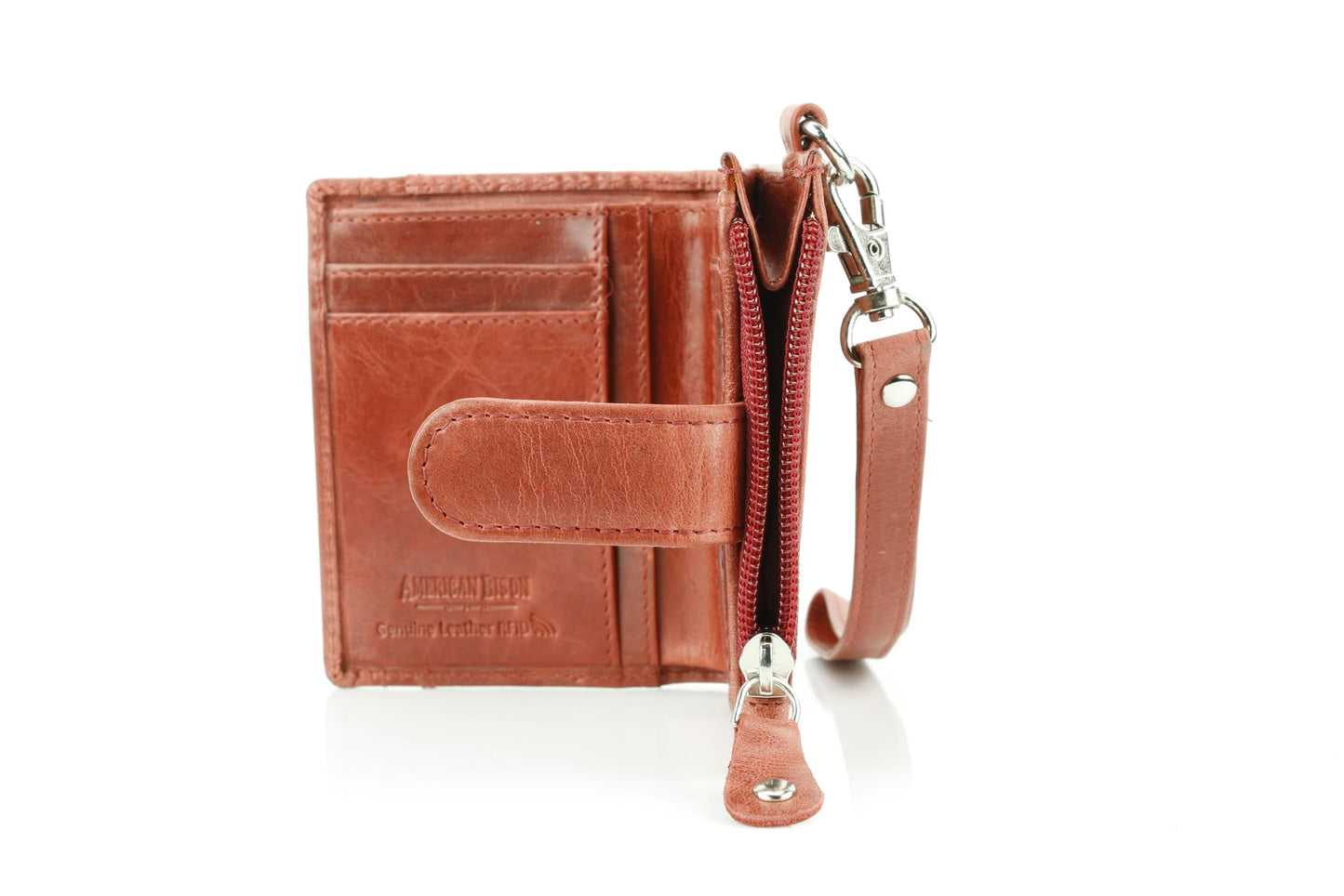 American Bison Small Fold-Over Wristlet Wallet for Women – Floral Embossed Filigree Clutch with Snap Closure, Zip Coin Pocket, Card Slots & ID Window (Red)