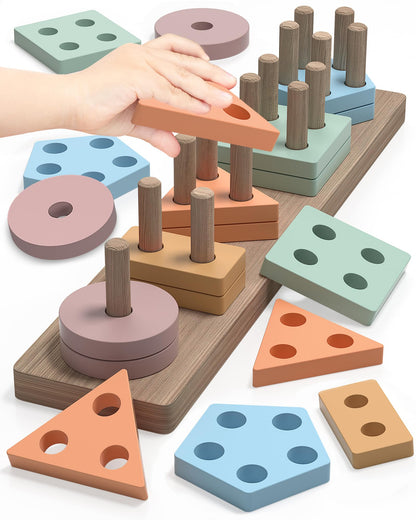 kecristv Montessori Toys for 1 2 Year Old Girl and Boy Birthday Gifts, Shape Sorter Wooden Toys for Toddlers Age 1-3 2-4, Learning Educational Sensroy Stacking Toddler Puzzles