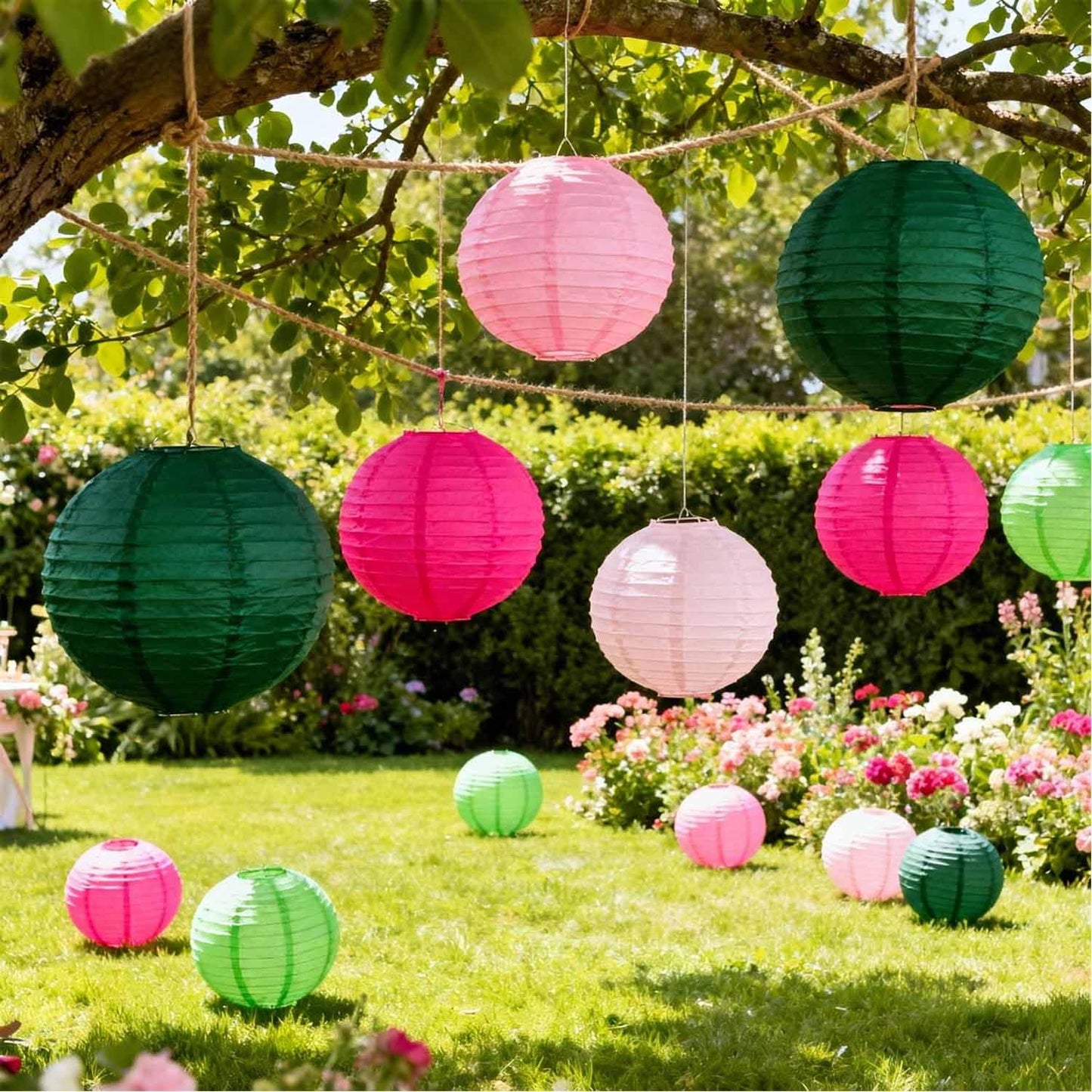 Green and Pink Paper Lanterns 12Pcs Hanging Lantern for Birthday Party, Wedding, Home Decor, Baby Shower Festive Decoration