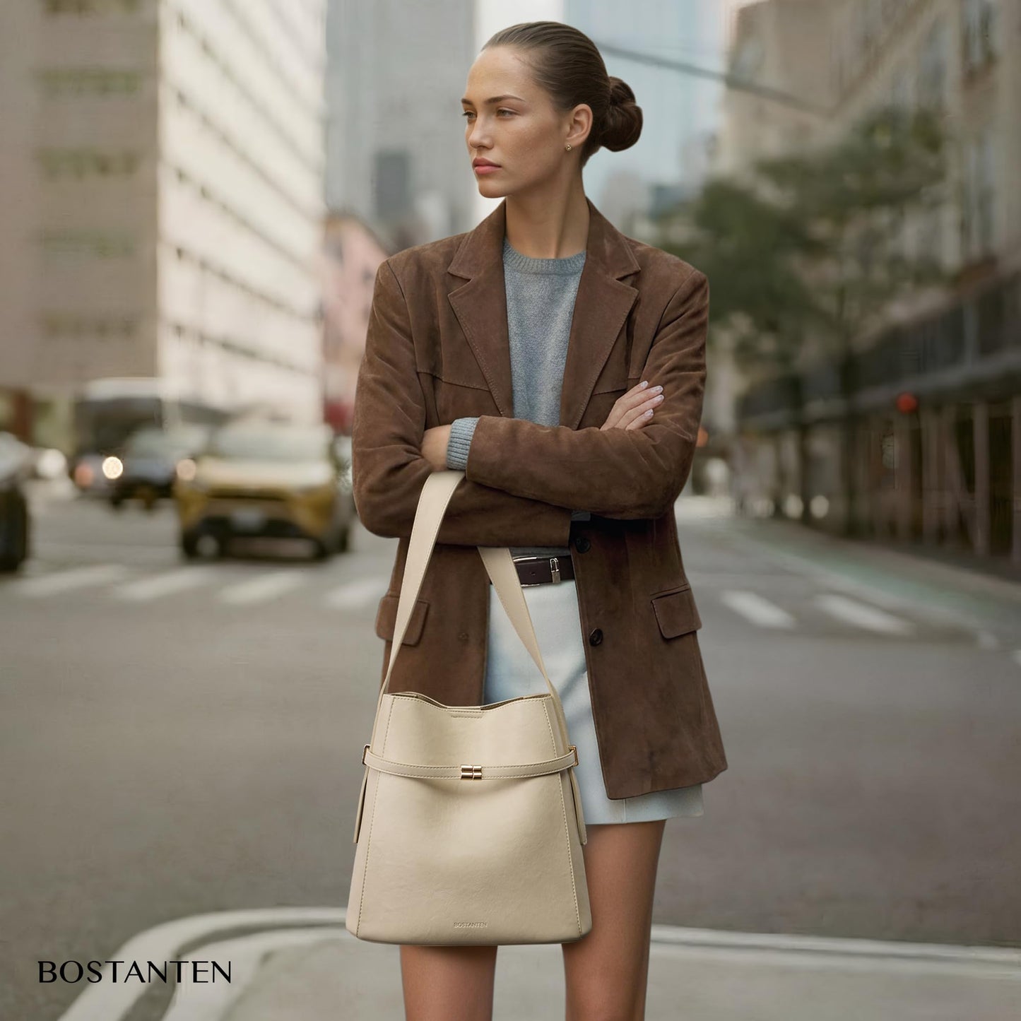 BOSTANTEN Bucket Bag Soft Vegan Leather Purses for Women Trendy Shoulder Handbags Separate Pouch Beige Apricot