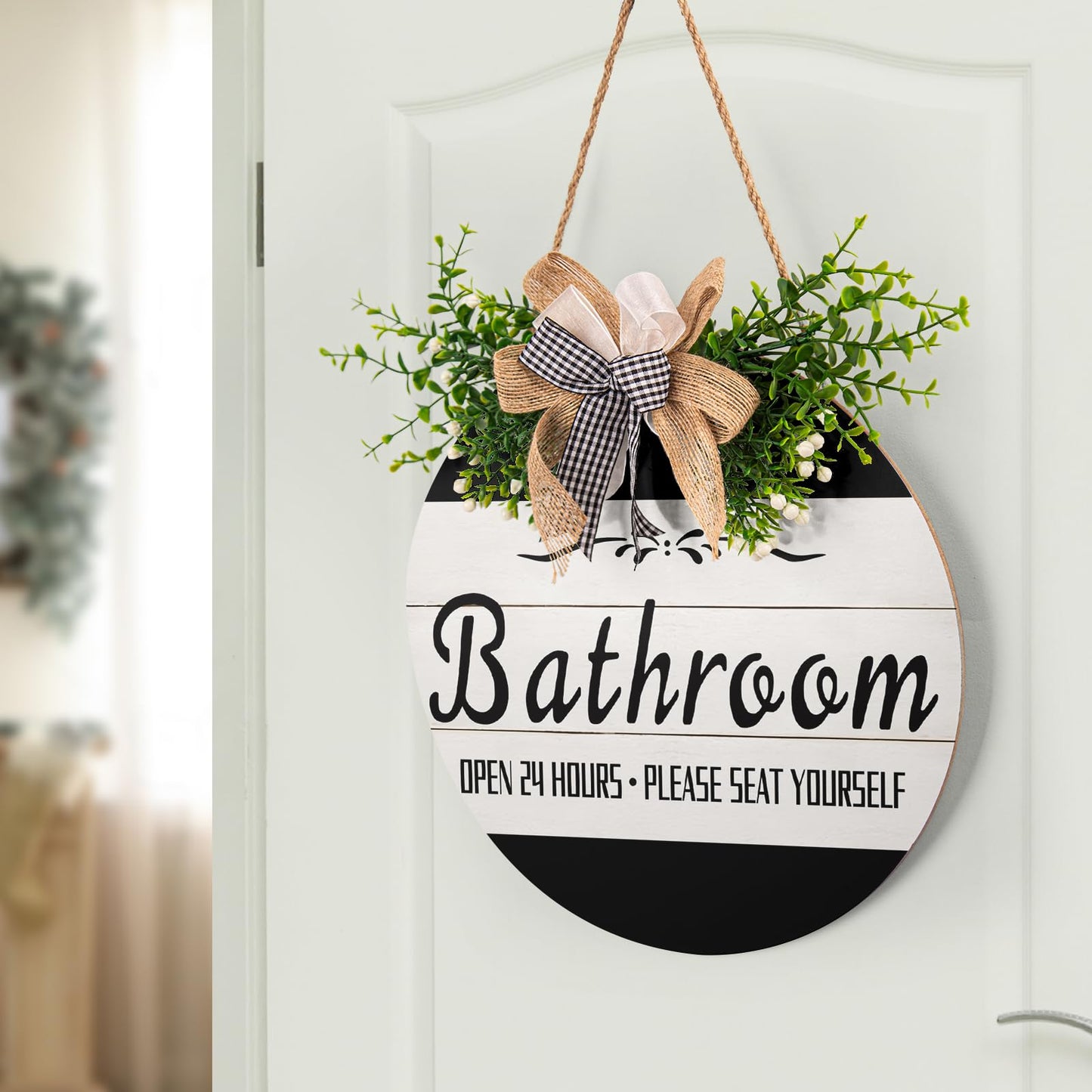 Bathroom Front Door Sign Funny Wreaths Hanging Wooden Plaque Decoration Round Rustic Farmhouse Wall Art Decor for Home Porch Bathroom 12x12 Inch