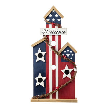 Glitzhome 30'' Patriotic Birdhouse Porch Decor, God Bless America Wooden Welcome Sign with Star, 4th of July & Independence Day Outdoor Indoor Decor